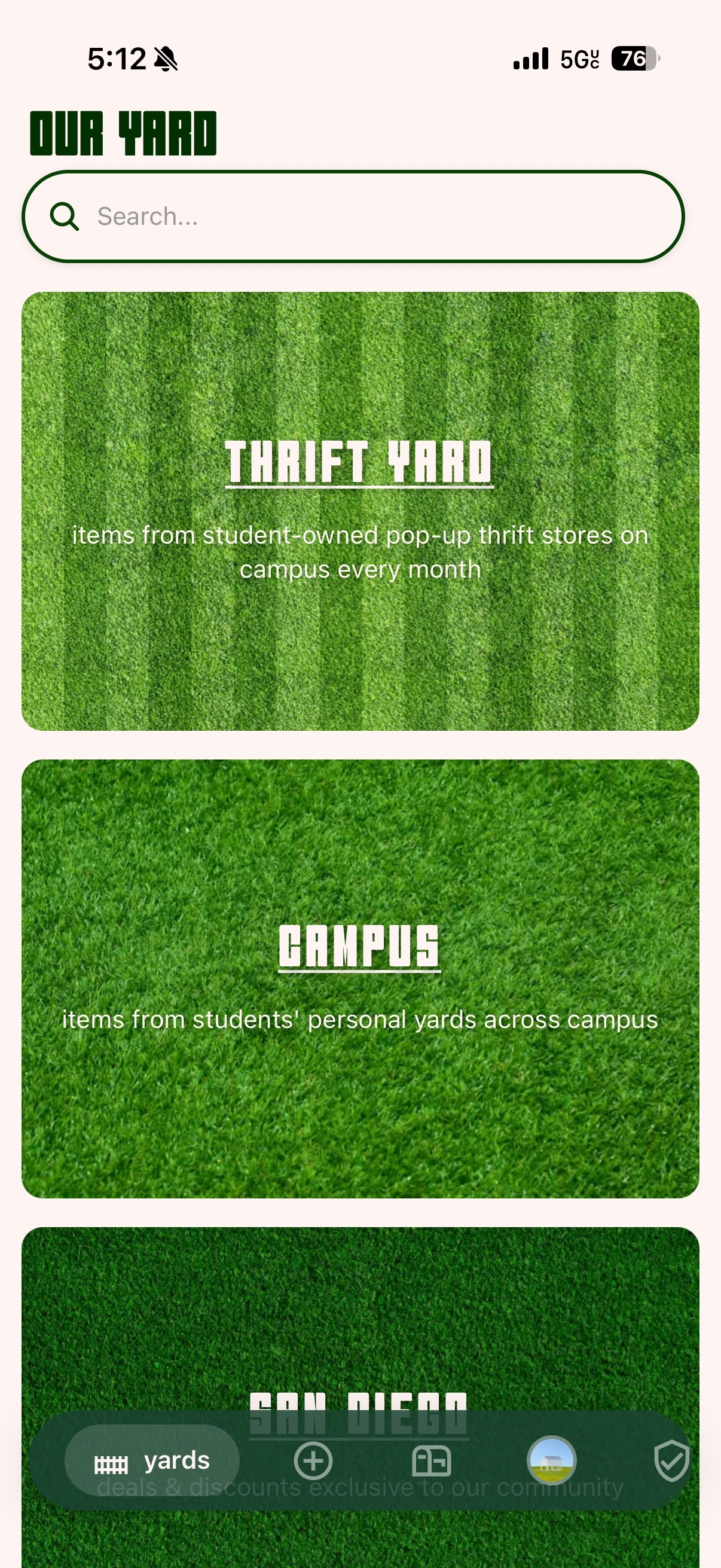 Our Yard app — discover screen